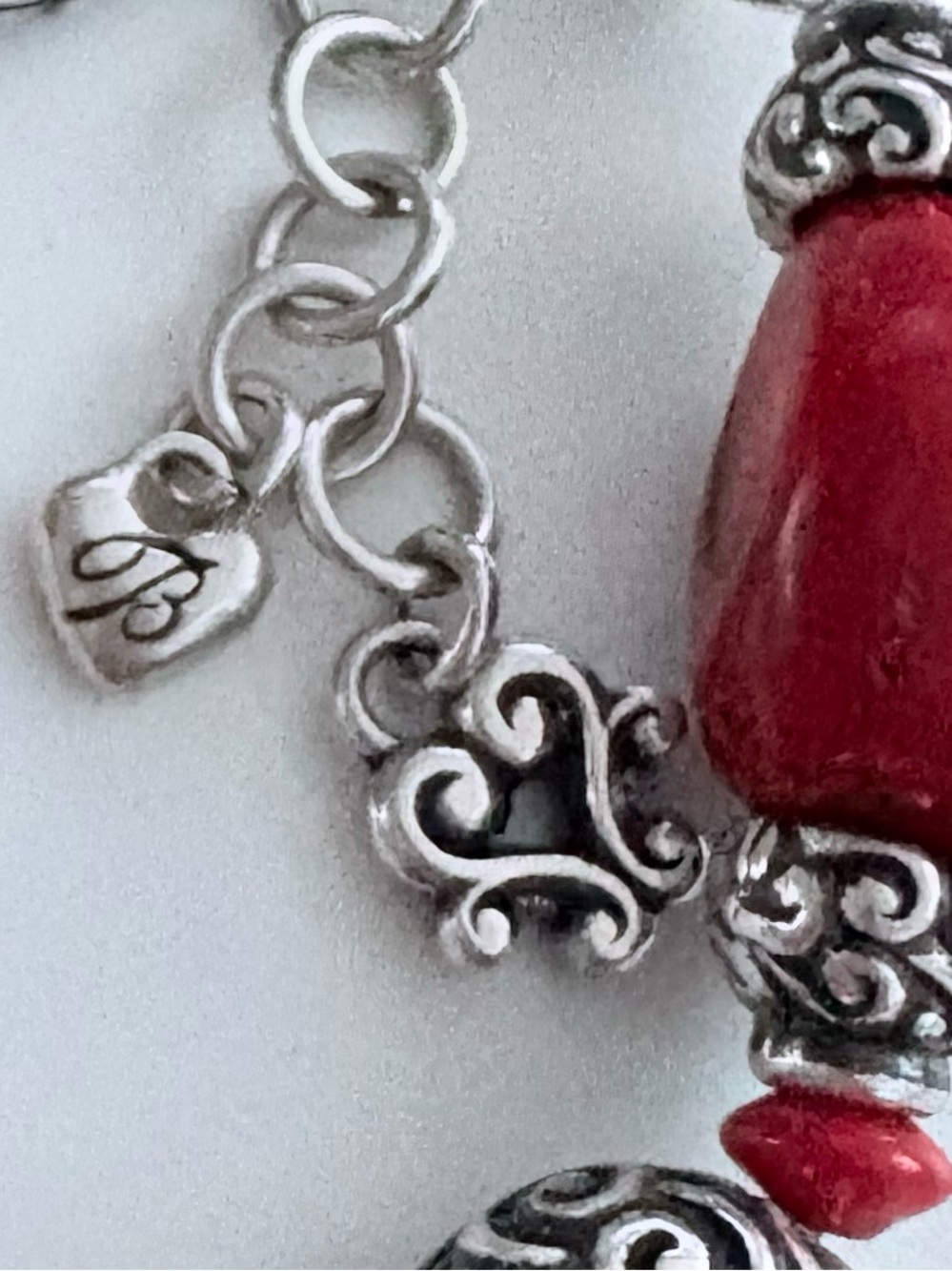 Vintage Brighton Full Moon Rising Red Coral Filigree Silver Tone Beaded Bracelet